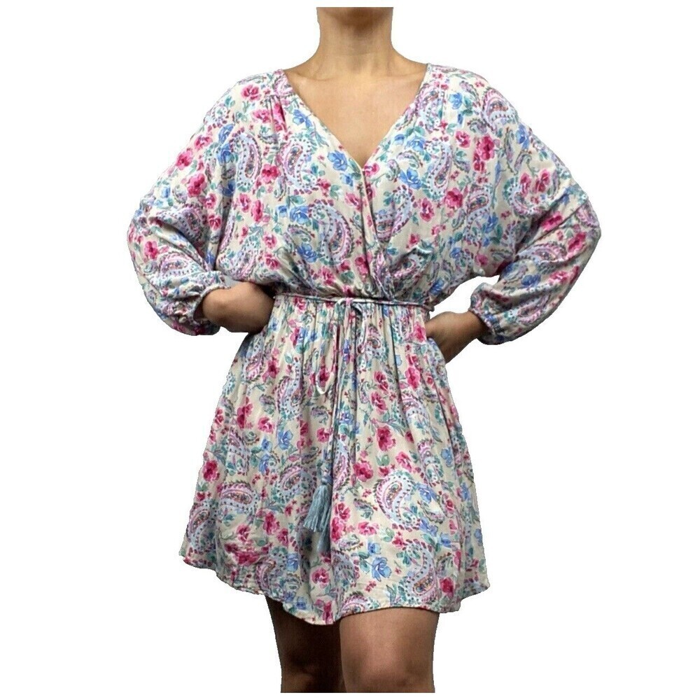 Aura Floral Paisley Mini Dress XS Women's V Neck Boho Long Sleeve Colorful Cute